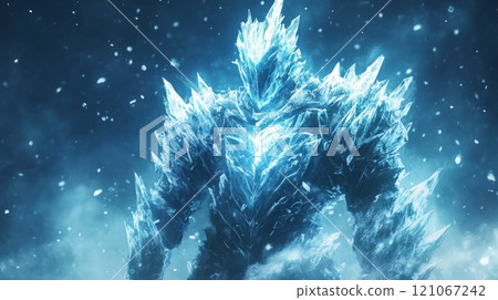 Powerful ice giant emerging from snowy landscape during snowfall 121067242