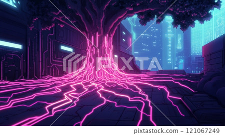 Glowing tree roots lighting up futuristic cityscape 121067249