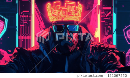 Cyberpunk man wearing futuristic crown and glasses in virtual reality setting 121067250