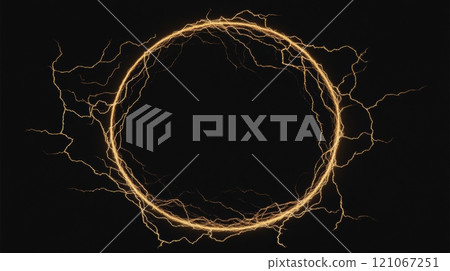 Circular electric frame made of lightning on dark background 121067251