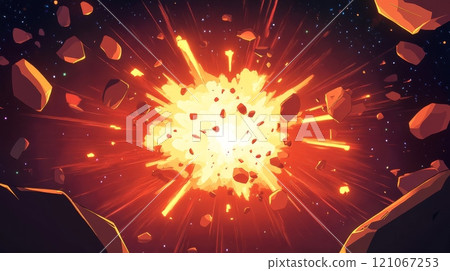Asteroid exploding creating debris and hot lava in the deep space Asteroid exploding creating debris and hot lava in the deep space 121067253