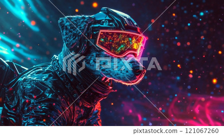 Cyberpunk dog wearing futuristic helmet and goggles explores vibrant cityscape 121067260