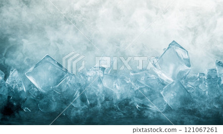 Ice cubes and crushed ice melting in a cloud of fog Ice cubes and crushed ice melting in a cloud of fog 121067261