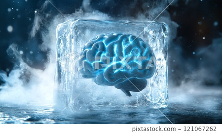 Frozen brain in ice cube emitting light, mental health concept 121067262