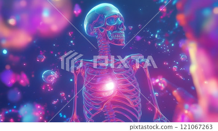 Glass skeleton with glowing heart in a colorful bokeh background Glass skeleton with glowing heart in a colorful bokeh background 121067263