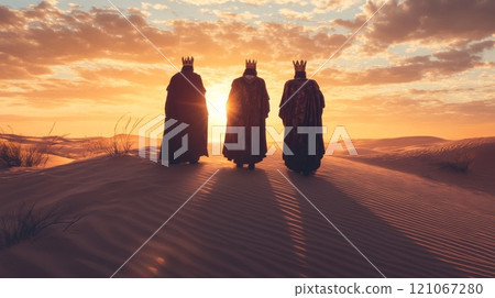Three kings walking in desert at sunset following star of bethlehem 121067280