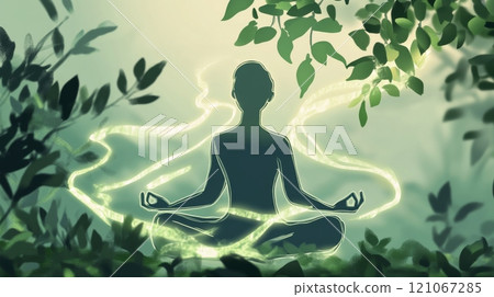 Person meditating in lotus position with glowing green aura surrounded by leaves 121067285