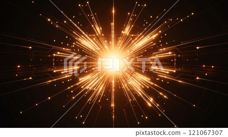 Golden energy burst expanding from center with data flowing on circuit board 121067307