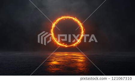 Burning ring of fire floating above wet asphalt at night with dark clouds and smoke 121067310