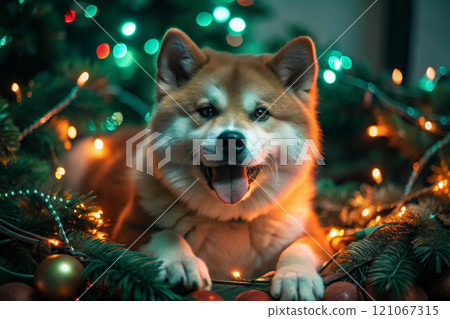 Cute dog is playing with Christmas garland with twinkling lights 121067315