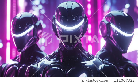 Futuristic robots standing in neon-lit cityscape Futuristic robots standing in neon-lit cityscape 121067322