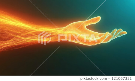 Energy flowing into digital hand glowing with warm light: futuristic concept 121067331