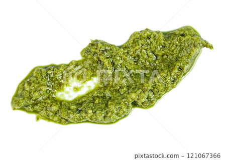 Pesto sauce isolated on white background. Top view. Flat lay 121067366