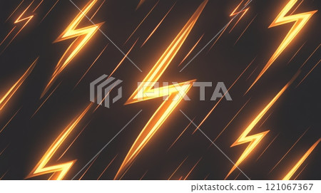 Multiple glowing orange lightning bolts flashing on dark background 121067367