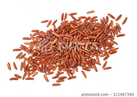red rice heap isolated on white background. Top view. Flat lay 121067380