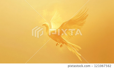 Golden dove flying, symbolizing hope, spirit, and peace 121067382