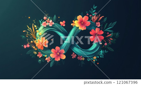Infinity symbol blooming with colorful flowers and lush green leaves 121067396