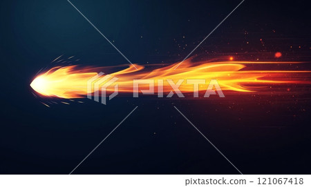 Burning fireball flying through dark space with light streaks 121067418