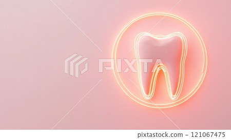 Pink tooth surrounded by glowing neon circle promoting dental health 121067475