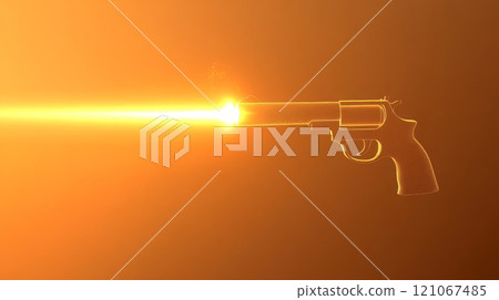 Golden gun firing a bright flash on orange background 121067485