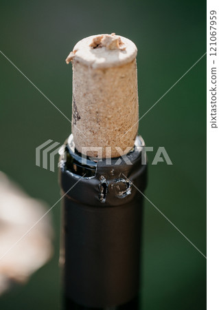 A detailed close up photo of a wine bottle featuring a cork inside it A detailed close up photo of a wine bottle featuring a cork inside it 121067959