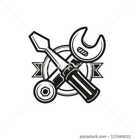 Fix service tools, wrench and screwdriver, repair instruments, simple line icon. Gears logo line black icon collections. Fix service tools, wrench and screwdriver, repair instruments, simple line icon. Gears logo line black icon collections. 121068022