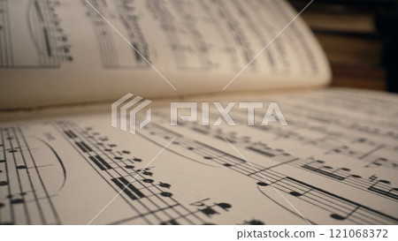 Macro background of saved medieval book with ancient musical notes writings. Texture of old 121068372