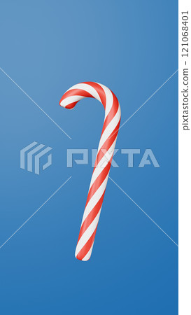 Candy cane on blue background, greeting card template, 3d render 121068401