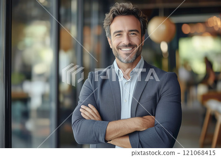 微笑的男商人商人雙手交叉，表情自信 121068415