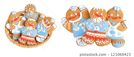 christmas gingerbread cookie in a wicker basket isolated on white background. Top view. Flat lay christmas gingerbread cookie in a wicker basket isolated on white background. Top view. Flat lay 121068423