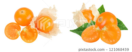 Cape gooseberry or physalis isolated on white background wit full depth of field. Top view. Flat lay 121068439