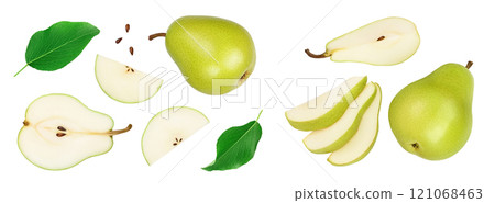 Green pear fruit slices isolated on white background. Top view. Flat lay 121068463