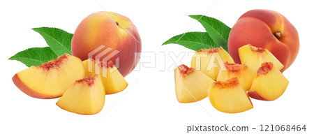 Ripe peach fruit with slices isolated on white background with full depth of field Ripe peach fruit with slices isolated on white background with full depth of field 121068464