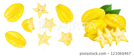 Carambola or star-fruit isolated on white background. Top view. Flat lay 121068467