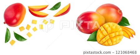 Mango fruit with slices isolated on white background with copy space for your text. Top view. Flat lay Mango fruit with slices isolated on white background with copy space for your text. Top view. Flat lay 121068468