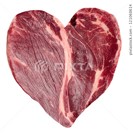 Beef raw steak chuck eye roll on isolated background, top view 121068614