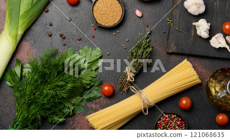 A bunch of spaghetti, herbs and garlic on a dark background, complemented with tomatoes and spices. 121068635