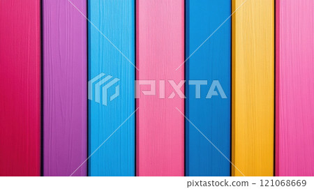 Colorful vertical wooden planks in vibrant shades of purple, pink, blue, and yellow, AI 121068669
