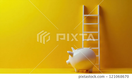 White piggy bank and ladder on a vibrant yellow background symbolize financial growth, AI 121068670