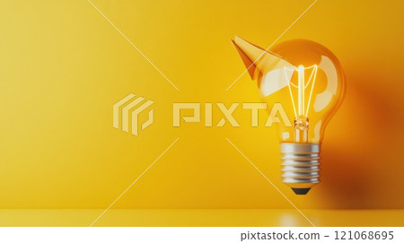 Light bulb with paper airplane on vibrant yellow background symbolizes creativity, AI 121068695