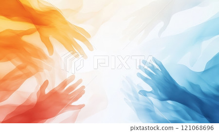 Hands reaching out in abstract colorful waves, blending warm and cool tones, AI 121068696