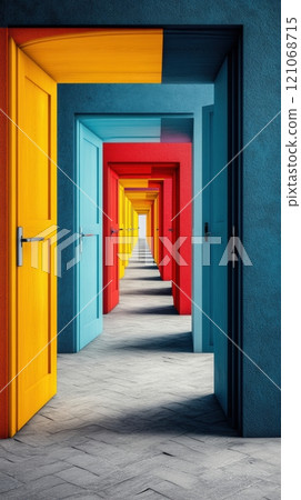 Colorful doors in a hallway create a vibrant and intriguing visual effect, AI 121068715