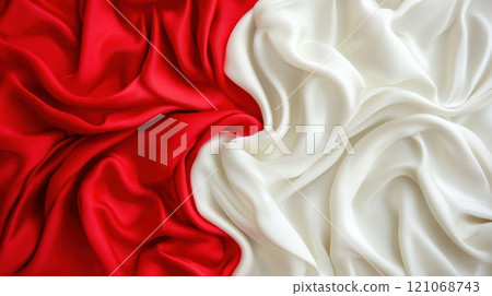 Red and white silk fabric elegantly draped, creating a luxurious and smooth texture, AI 121068743