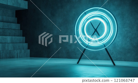 Neon target sign glows in a dimly lit room, casting a futuristic ambiance, AI 121068747