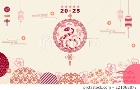 Chinese New Year 2025, Year of the Snake, zodiac. Banner template for Chinese New Year design with medallion and traditional patterns. Minimalistic style. Vector 121068872
