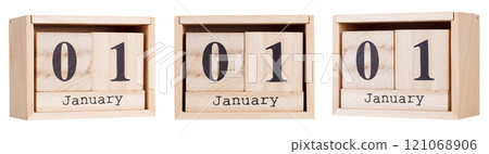 Wooden calendar, a set of dates of the month 01 January, on a white and transparent background Wooden calendar, a set of dates of the month 01 January, on a white and transparent background 121068906