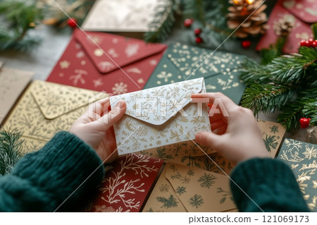 A child's hands open a paper envelopes advent calendar 121069173
