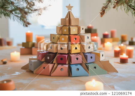 Christmas tree shaped paper boxes advent calendar 121069174