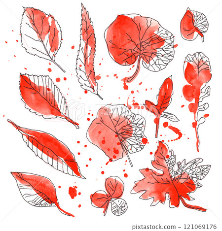 Drawing of autumn leaves with raw aquarelle technique. Set hand drawn 121069176