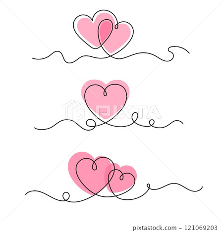 Two hearts continuous one line. Red hearts in one line sketch style, big love and Valentines day concept for lovers. Minimalist heart linear design for wedding card. Isolated vector set 121069203